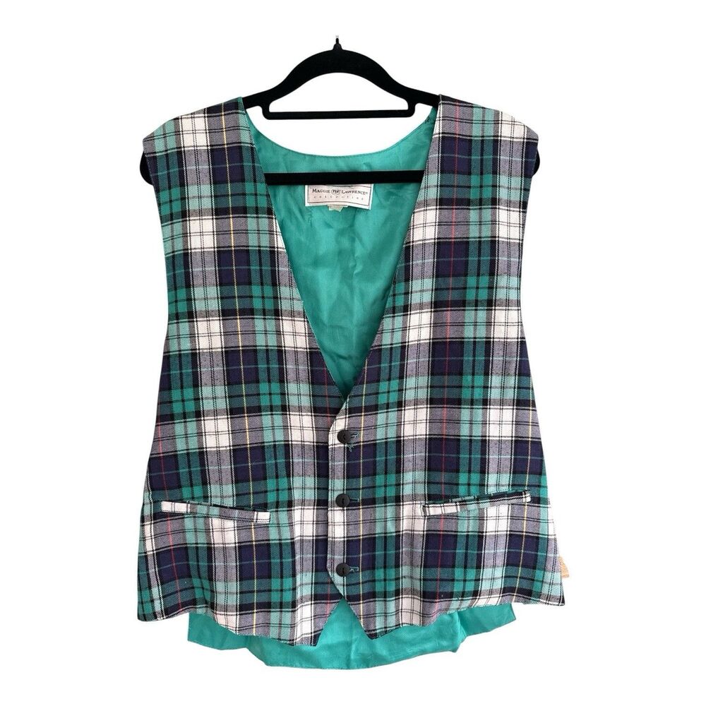 80s Vintage Maggie Lawrence Aqua Blue Tartan Vest Plaid Button Up Medium USA